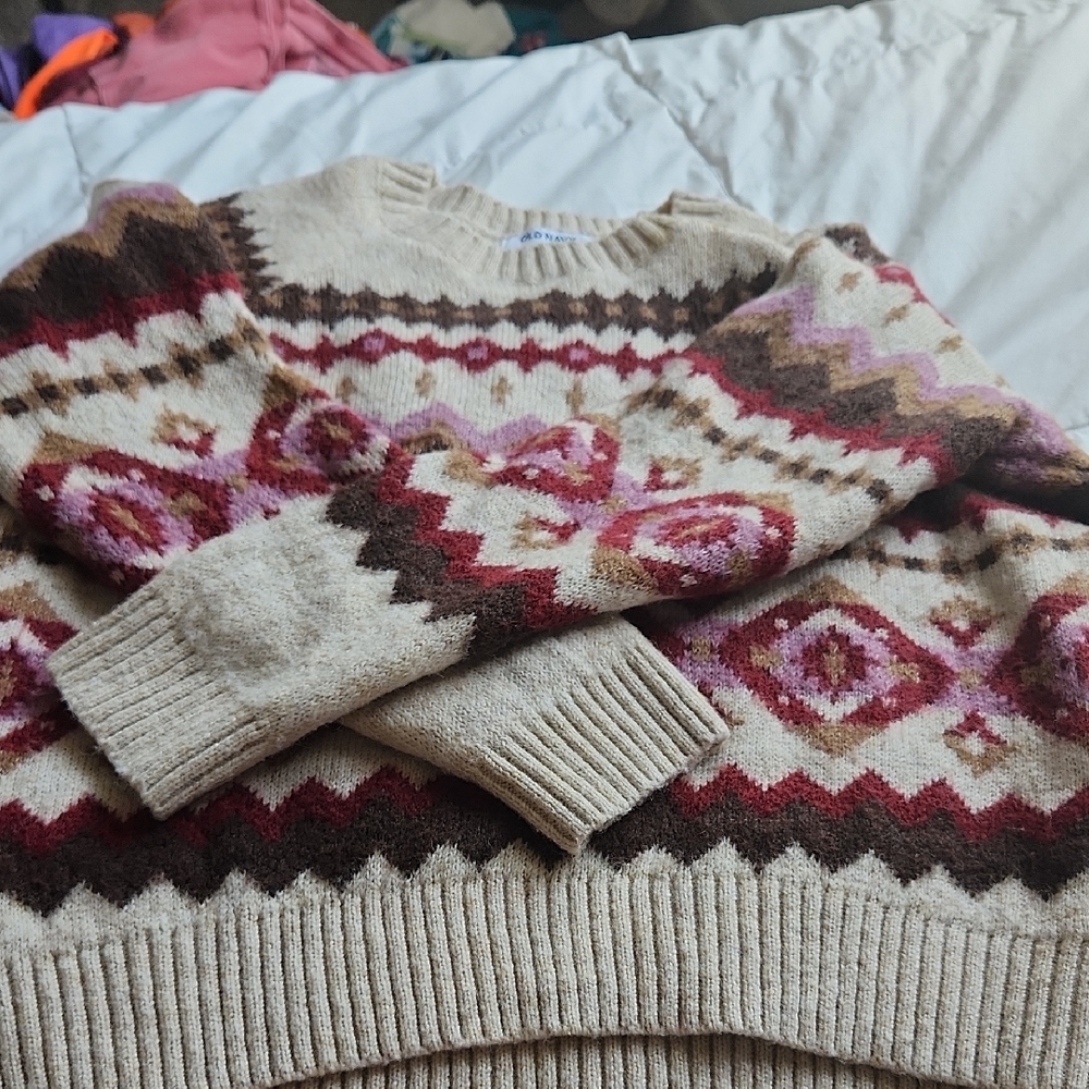 Old Navy Beige and Pink Patterned Sweater